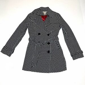 Vertigo Paris Polkadot Trench Coat Women’s Sz XS Black & White- Red Satin Lining